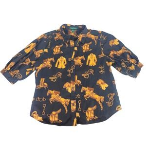 Lauren Ralph Lauren Womens XL Black Gold Horse Equestrian Print Button Shirt